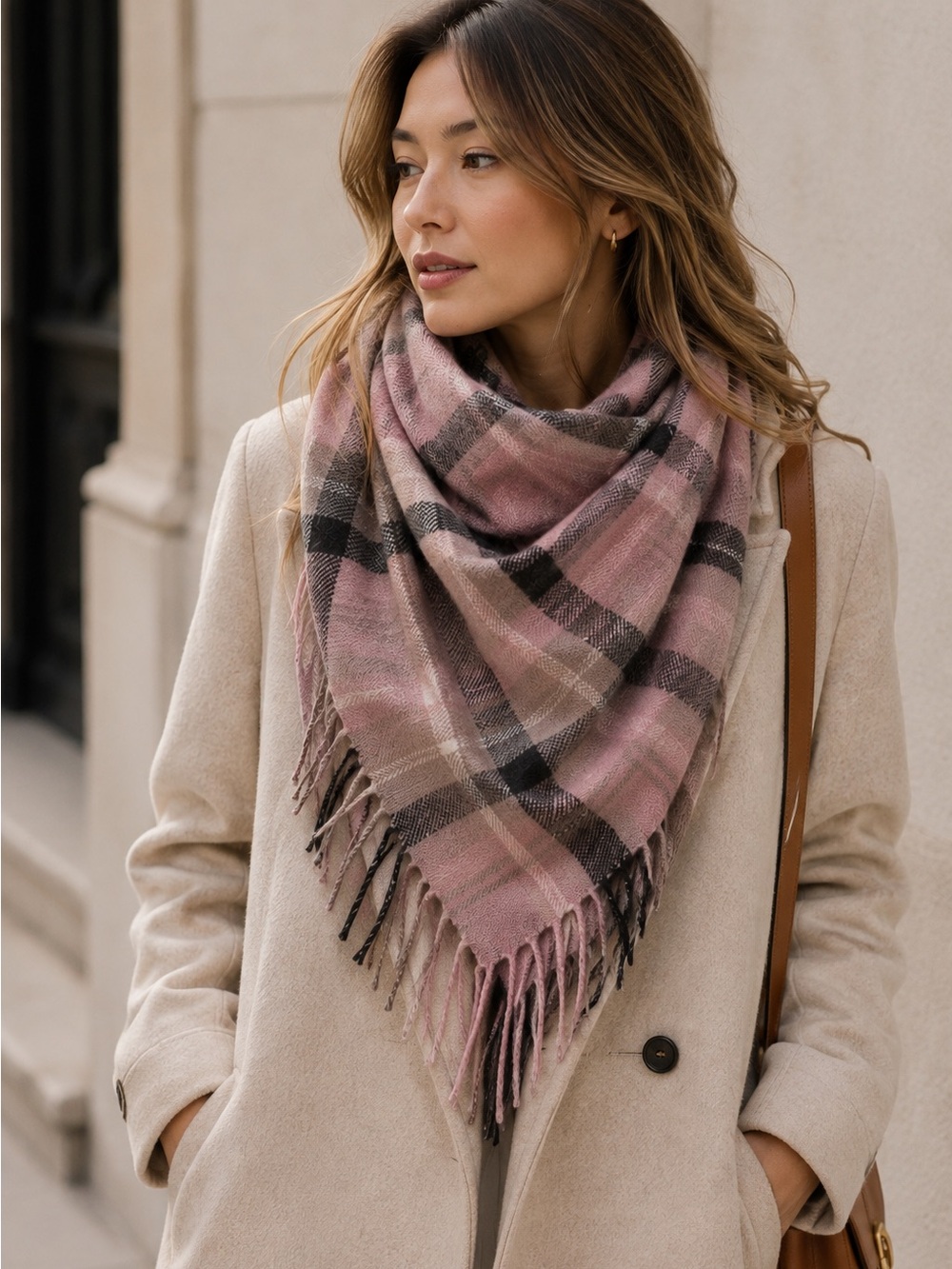 Wilfred Plaid Fringe Scarf in Pink, Taupe, Black